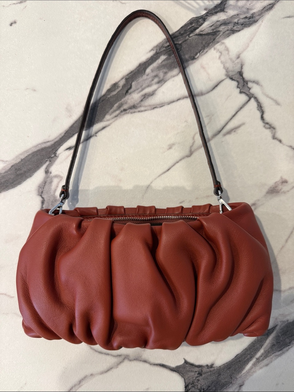 STAUD Ruched Shoulder Bag in Brown